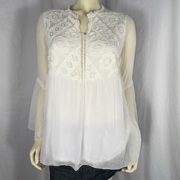 Made in Italy 100% Silk Lace Boho Blouse Sheer Bell Sleeve Peasant Top Romantic - Picture 11 of 15